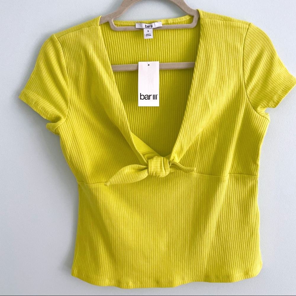 Blouse with Short Sleeves and Tie Neckline in Neon Yellow Ribbed Fabric t-Shirt